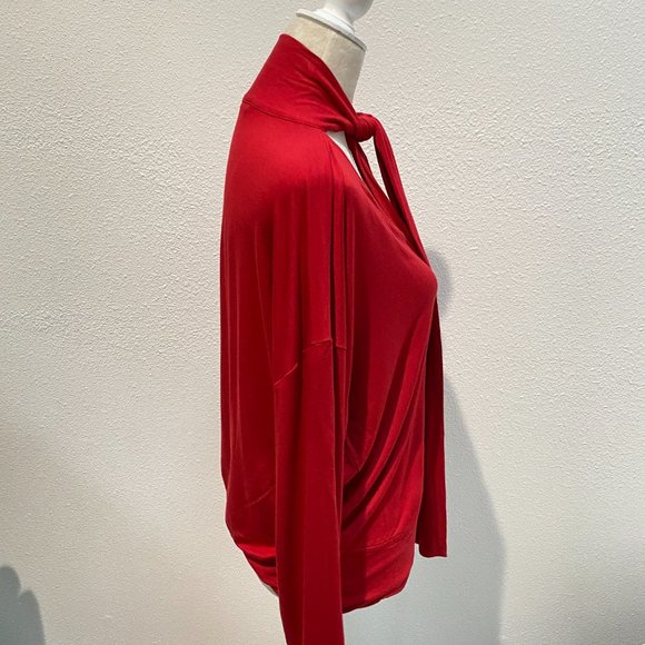 CAbi Red Blouse Long Sleeve Sweater Neck Tie Medium Holiday Rayon - Picture 5 of 10